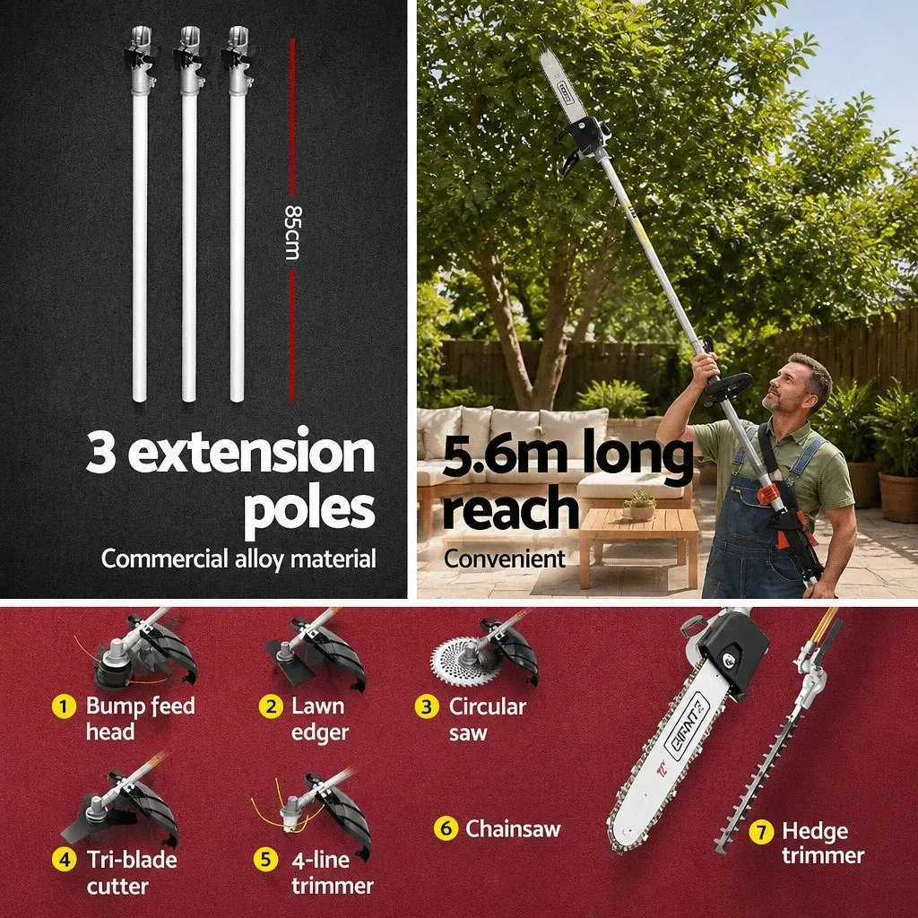 65CC Petrol Pole Chainsaw Silver 7-in-1 Multi-Tool with Hedge Trimmer Brush Cutter Whipper Snipper and Three Extension Poles