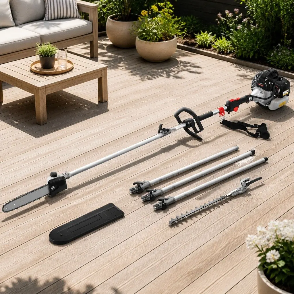 65cc Petrol Pole Chainsaw Hedge Trimmer Silver 5.6m Reach 2-in-1 Pruner with Anti-Vibration Technology