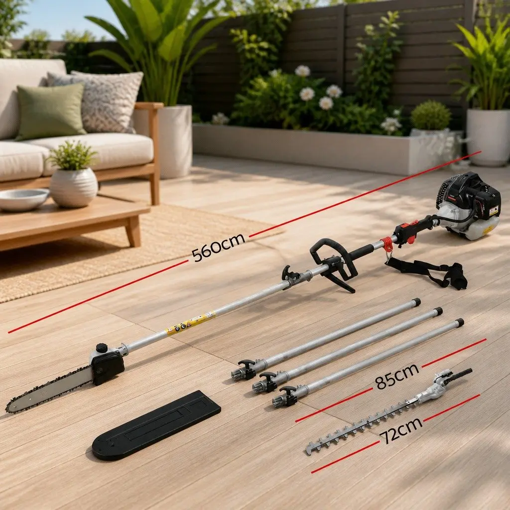 65cc Petrol Pole Chainsaw Hedge Trimmer Silver 5.6m Reach 2-in-1 Pruner with Anti-Vibration Technology