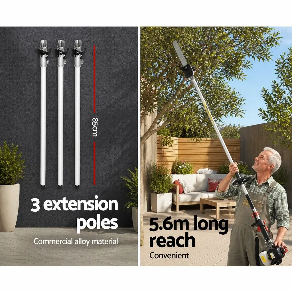 65cc Petrol Pole Chainsaw Hedge Trimmer Silver 5.6m Reach 2-in-1 Pruner with Anti-Vibration Technology