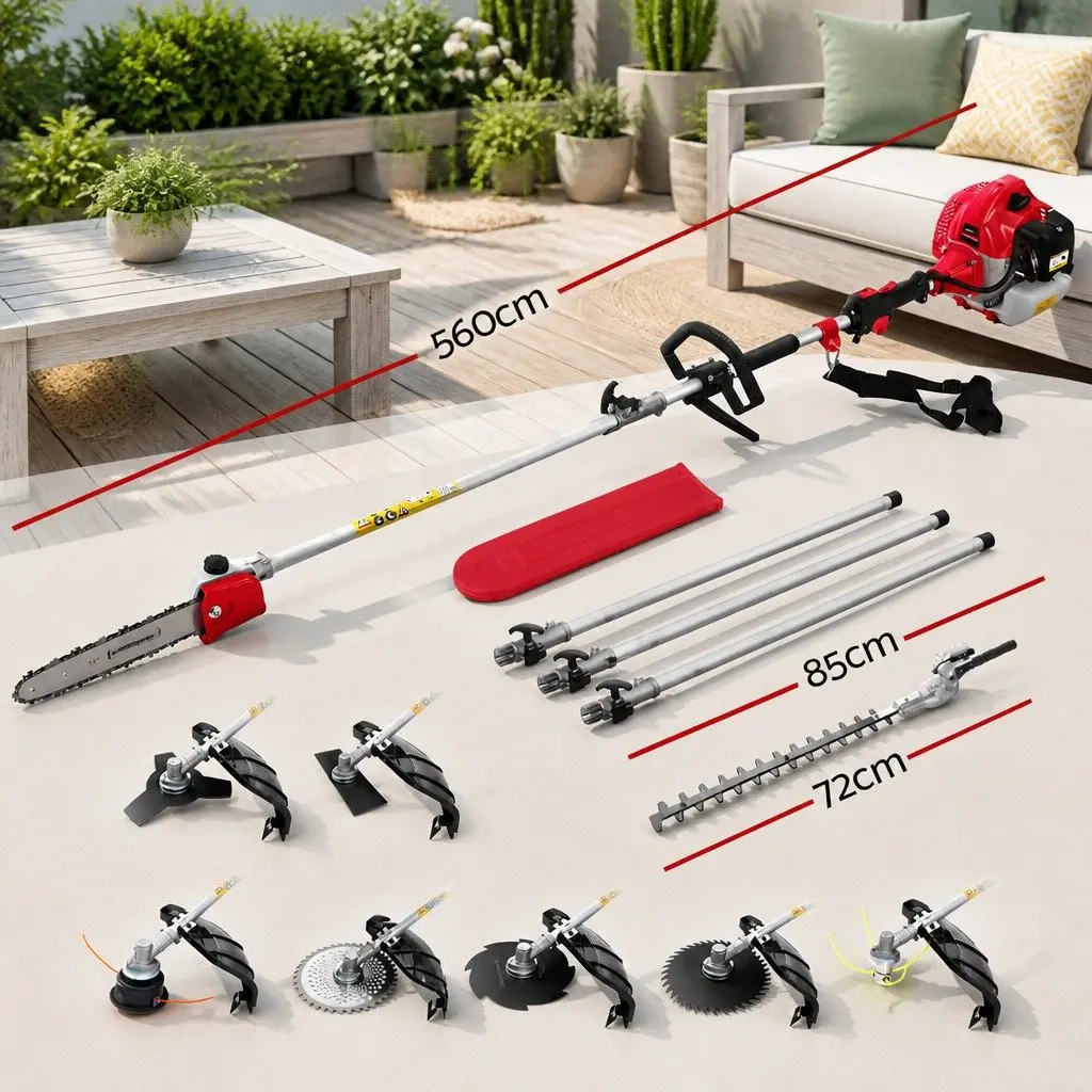 65CC Pole Chainsaw Red Black 9-in-1 Multi Tool with Hedge Trimmer Brush Cutter Whipper Snipper and Three Extension Poles