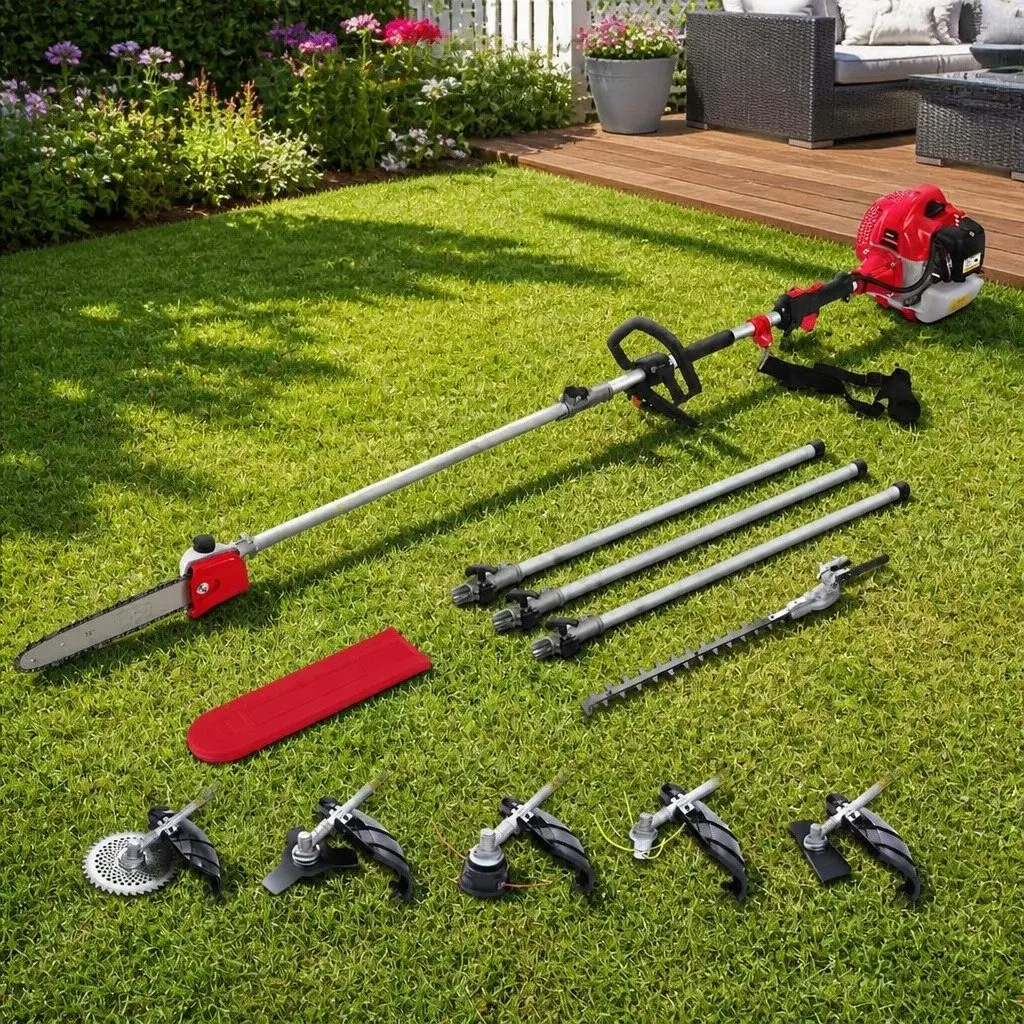 65CC Pole Chainsaw Red and Black 7-in-1 Multi-Tool with Hedge Trimmer Brush Cutter Whipper Snipper and 5.6 Metre Reach