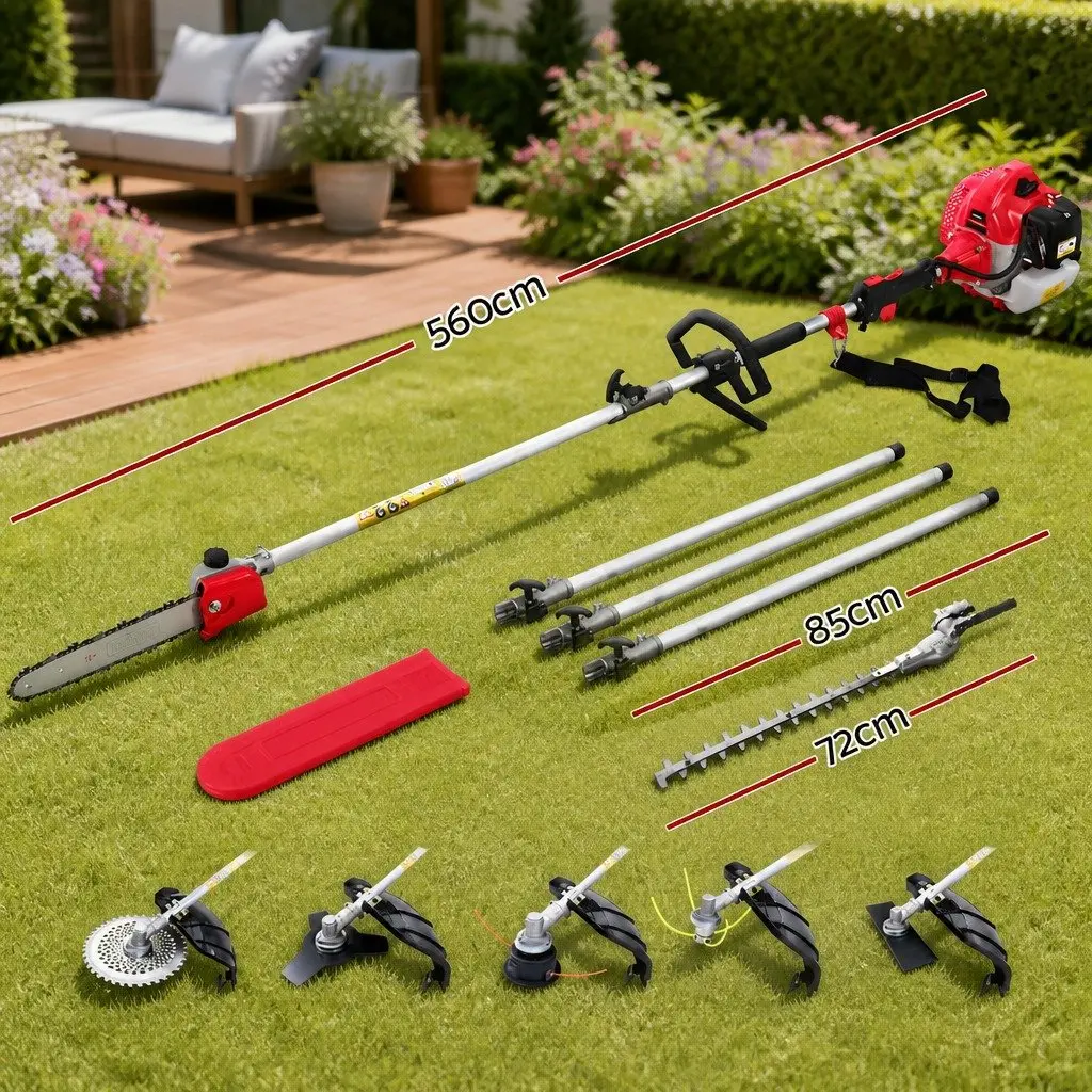 65CC Pole Chainsaw Red and Black 7-in-1 Multi-Tool with Hedge Trimmer Brush Cutter Whipper Snipper and 5.6 Metre Reach