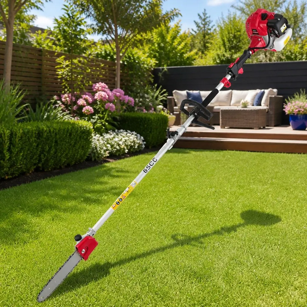 65CC Pole Chainsaw Red and Black 7-in-1 Multi-Tool with Hedge Trimmer Brush Cutter Whipper Snipper and 5.6 Metre Reach