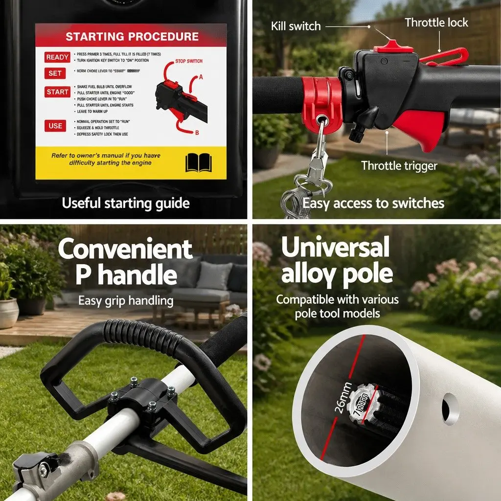 65CC Pole Chainsaw Red and Black 7-in-1 Multi-Tool with Hedge Trimmer Brush Cutter Whipper Snipper and 5.6 Metre Reach