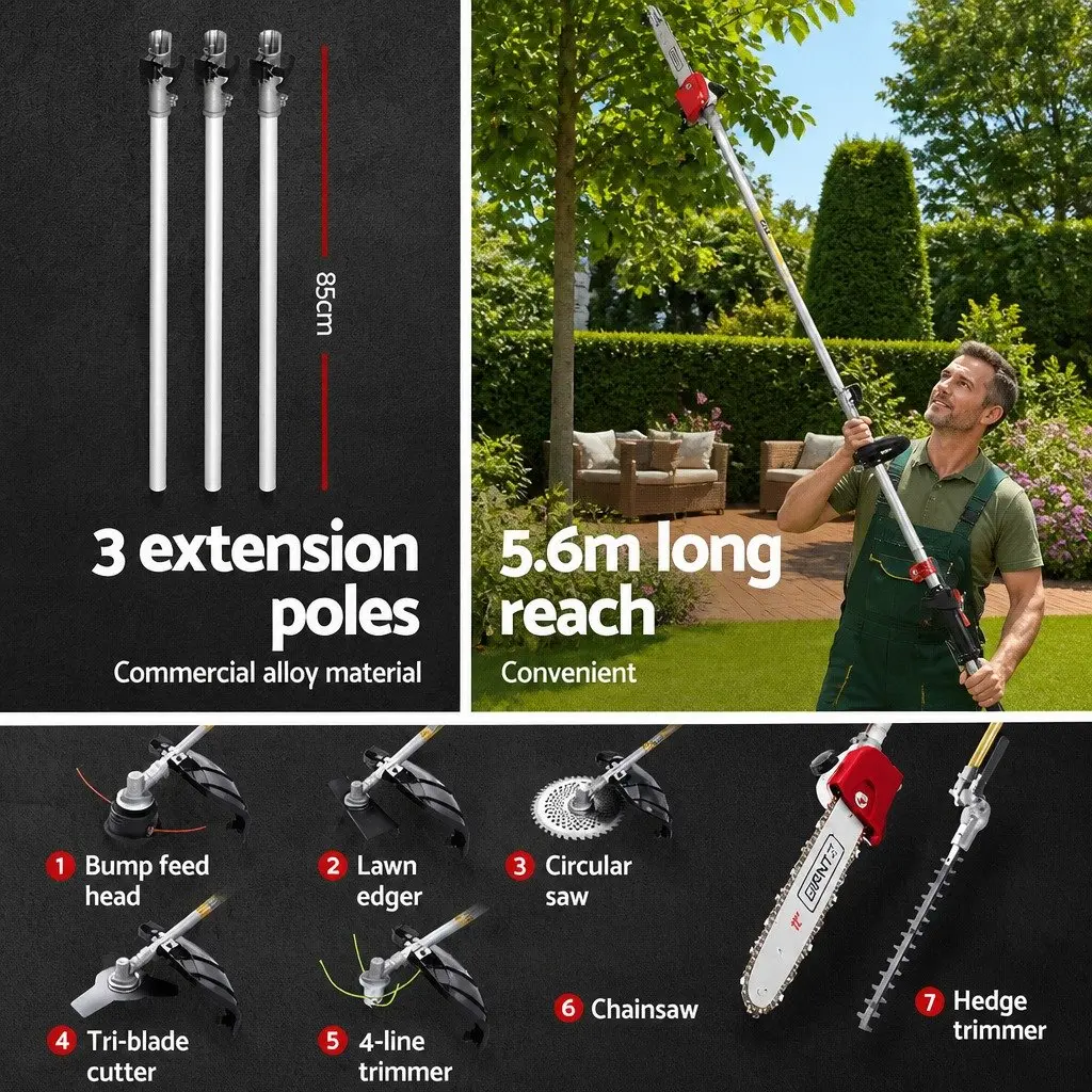 65CC Pole Chainsaw Red and Black 7-in-1 Multi-Tool with Hedge Trimmer Brush Cutter Whipper Snipper and 5.6 Metre Reach