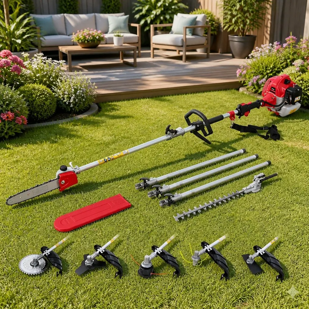 65CC Pole Chainsaw Red and Black 7-in-1 Multi-Tool with Hedge Trimmer Brush Cutter Whipper Snipper and 5.6 Metre Reach