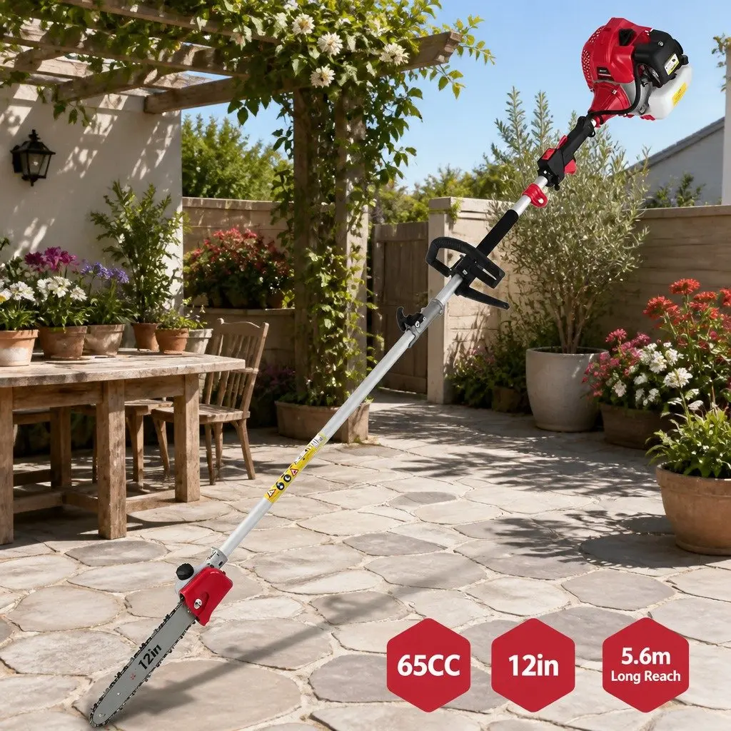 Pole Chainsaw 65CC Petrol 12in Chain Saw 5.6m Reach Extension Pruning Tool