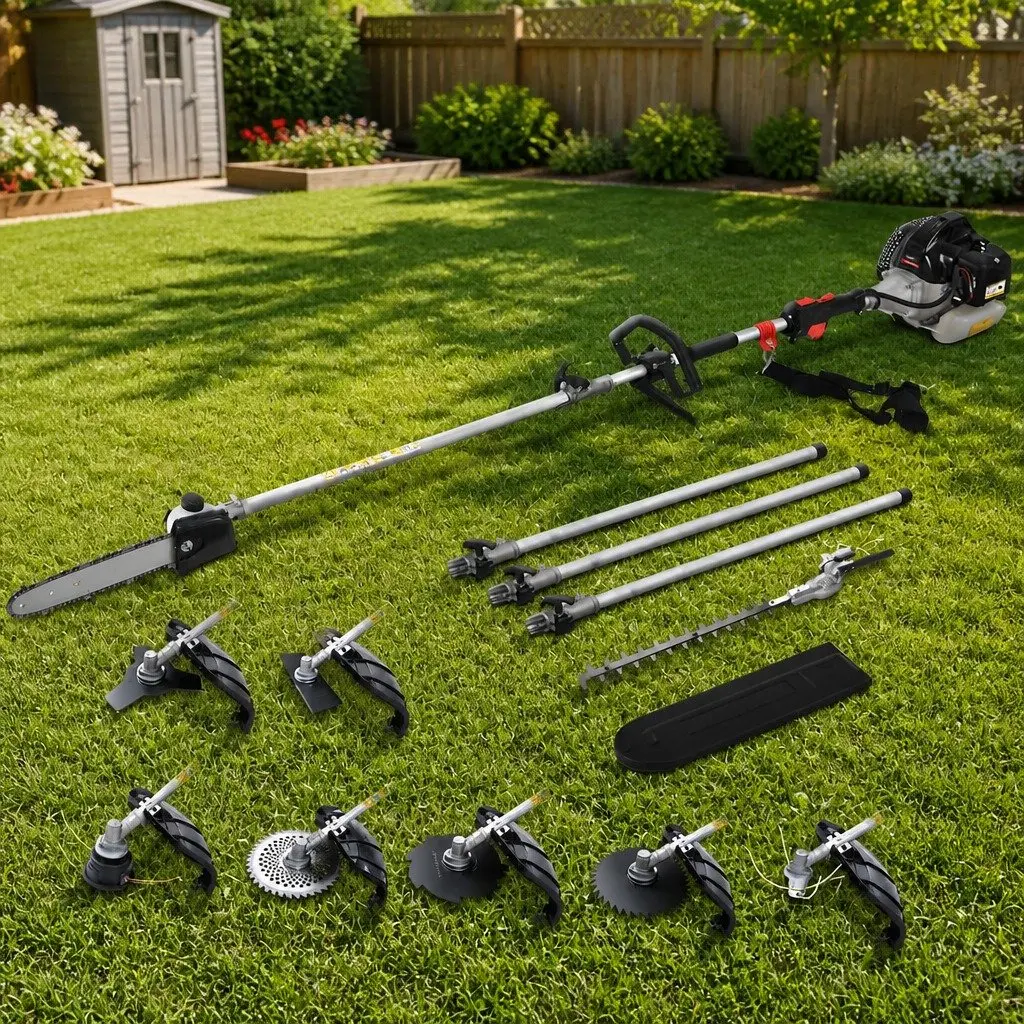 62CC Chainsaw Silver 9-in-1 Petrol Powered Gardening Tool with Hedge Trimmer Brush Cutter Whipper Snipper and Extension Poles