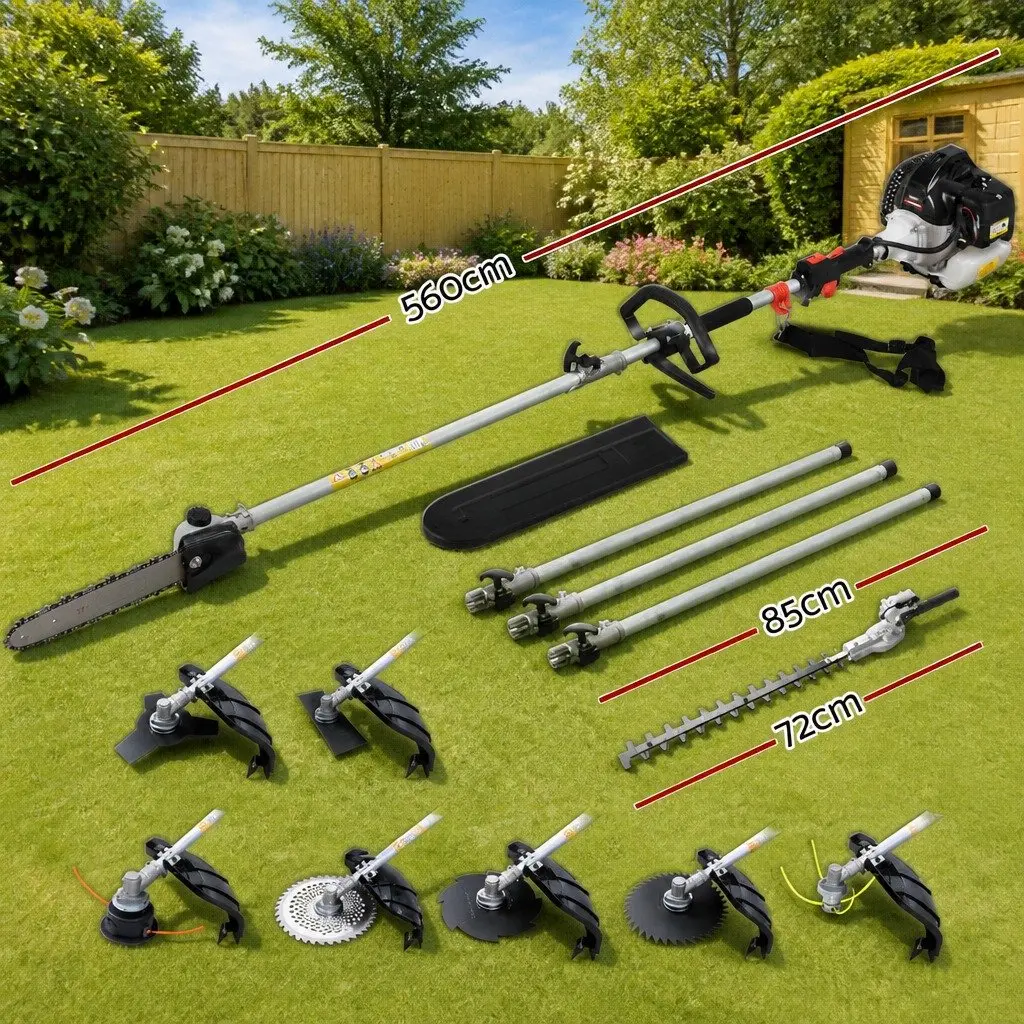62CC Chainsaw Silver 9-in-1 Petrol Powered Gardening Tool with Hedge Trimmer Brush Cutter Whipper Snipper and Extension Poles