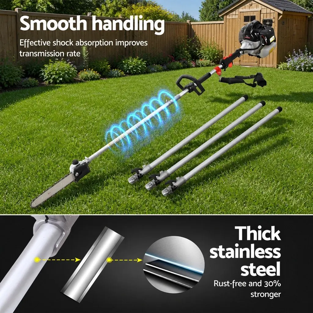 62CC Chainsaw Silver 9-in-1 Petrol Powered Gardening Tool with Hedge Trimmer Brush Cutter Whipper Snipper and Extension Poles
