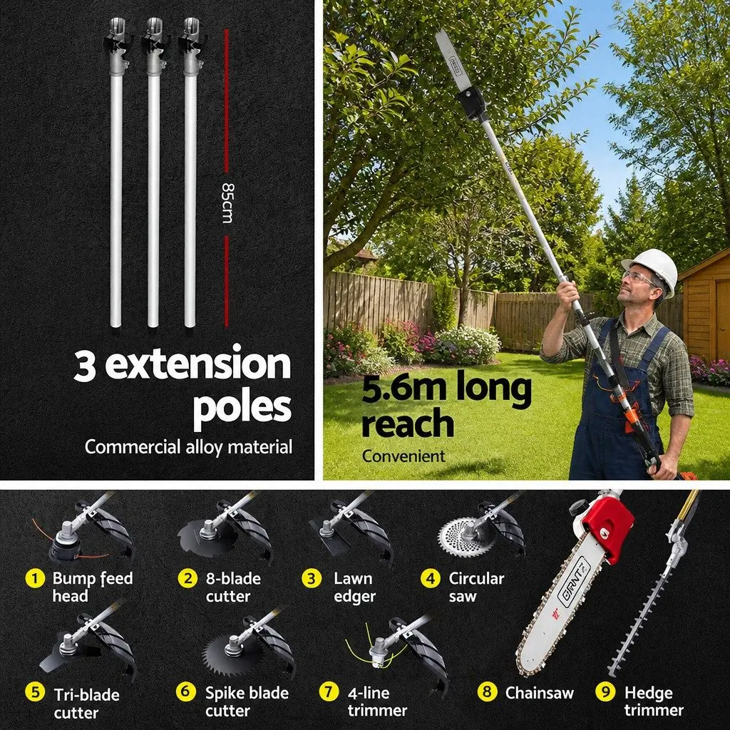62CC Chainsaw Silver 9-in-1 Petrol Powered Gardening Tool with Hedge Trimmer Brush Cutter Whipper Snipper and Extension Poles