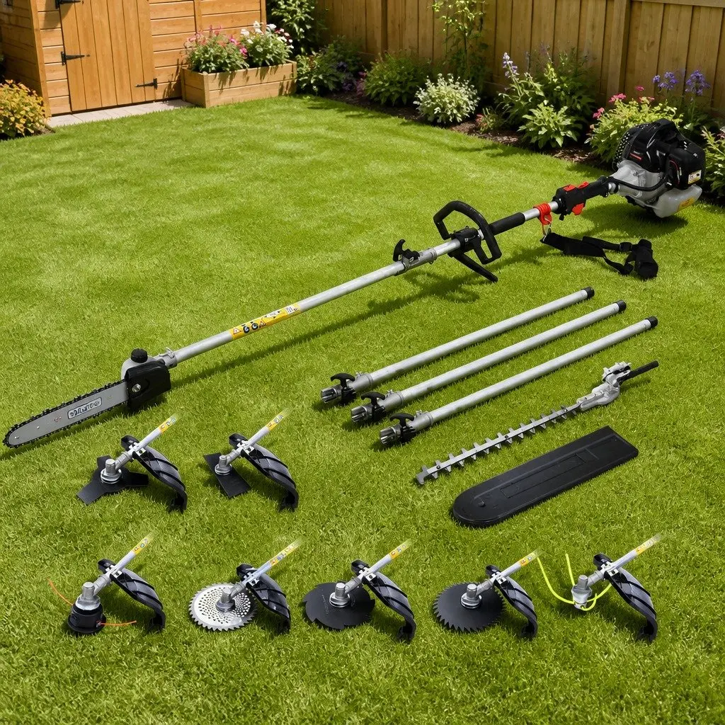 62CC Chainsaw Silver 9-in-1 Petrol Powered Gardening Tool with Hedge Trimmer Brush Cutter Whipper Snipper and Extension Poles