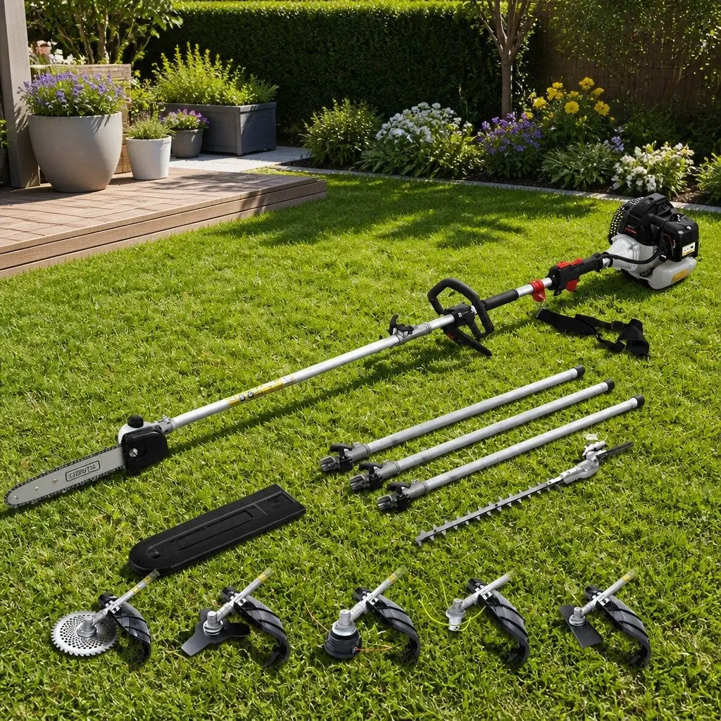 62cc Pole Chainsaw Black 5.6m Reach 7-in-1 Multi-Tool System with Chainsaw Hedge Trimmer Brush Cutter Whipper Snipper