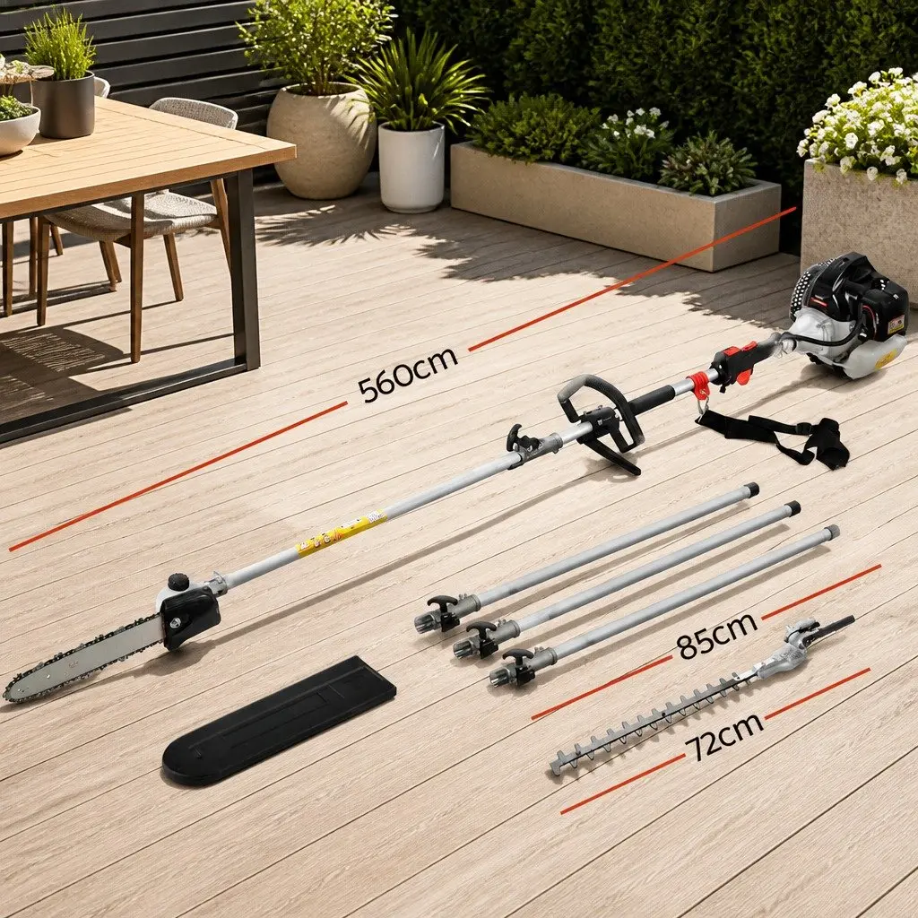 Pole Chainsaw Hedge Trimmer Silver Black 62CC 5.6m Reach 2-in-1 Petrol Garden Tool