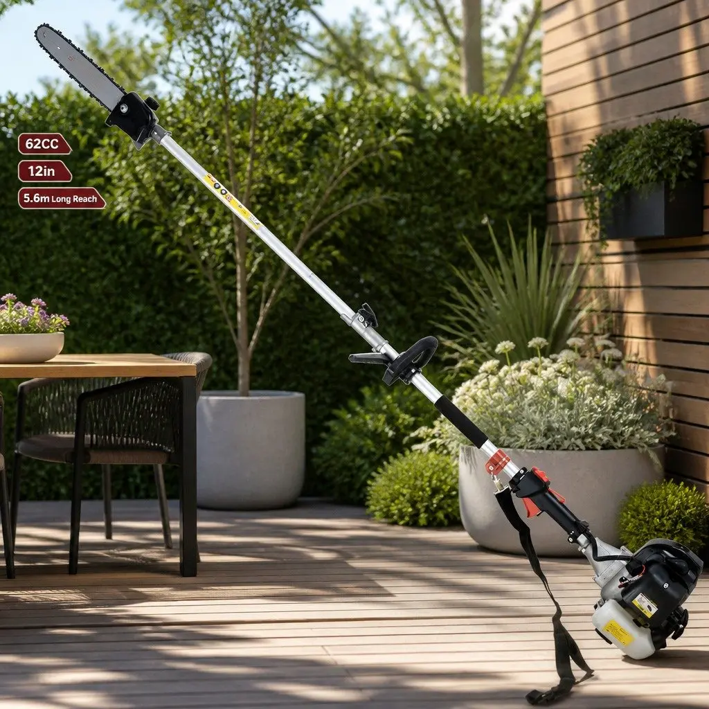 Pole Chainsaw Hedge Trimmer Silver Black 62CC 5.6m Reach 2-in-1 Petrol Garden Tool