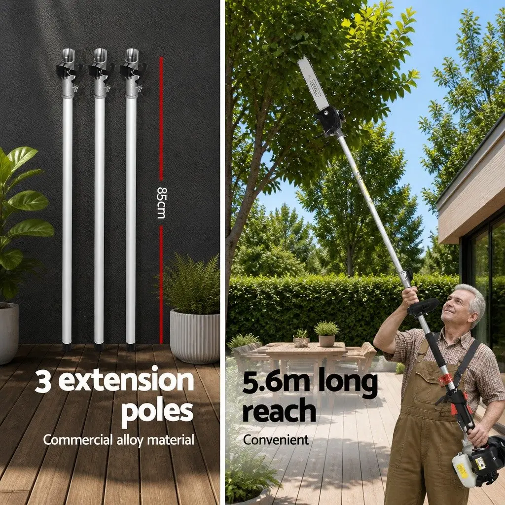 Pole Chainsaw Hedge Trimmer Silver Black 62CC 5.6m Reach 2-in-1 Petrol Garden Tool