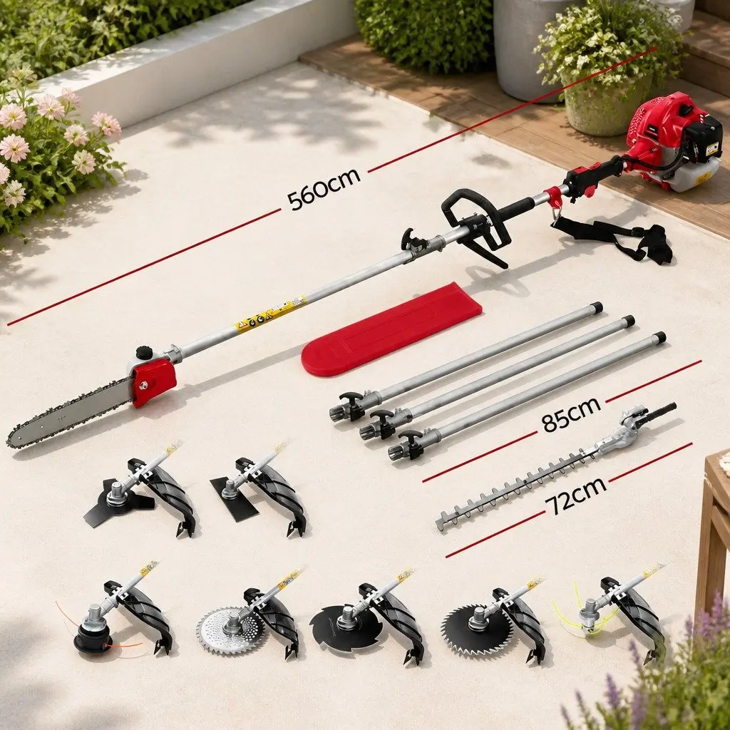 62CC Pole Chainsaw Red 9-in-1 Multi-Tool with Hedge Trimmer Brush Cutter Whipper Snipper and 5.6m Reach
