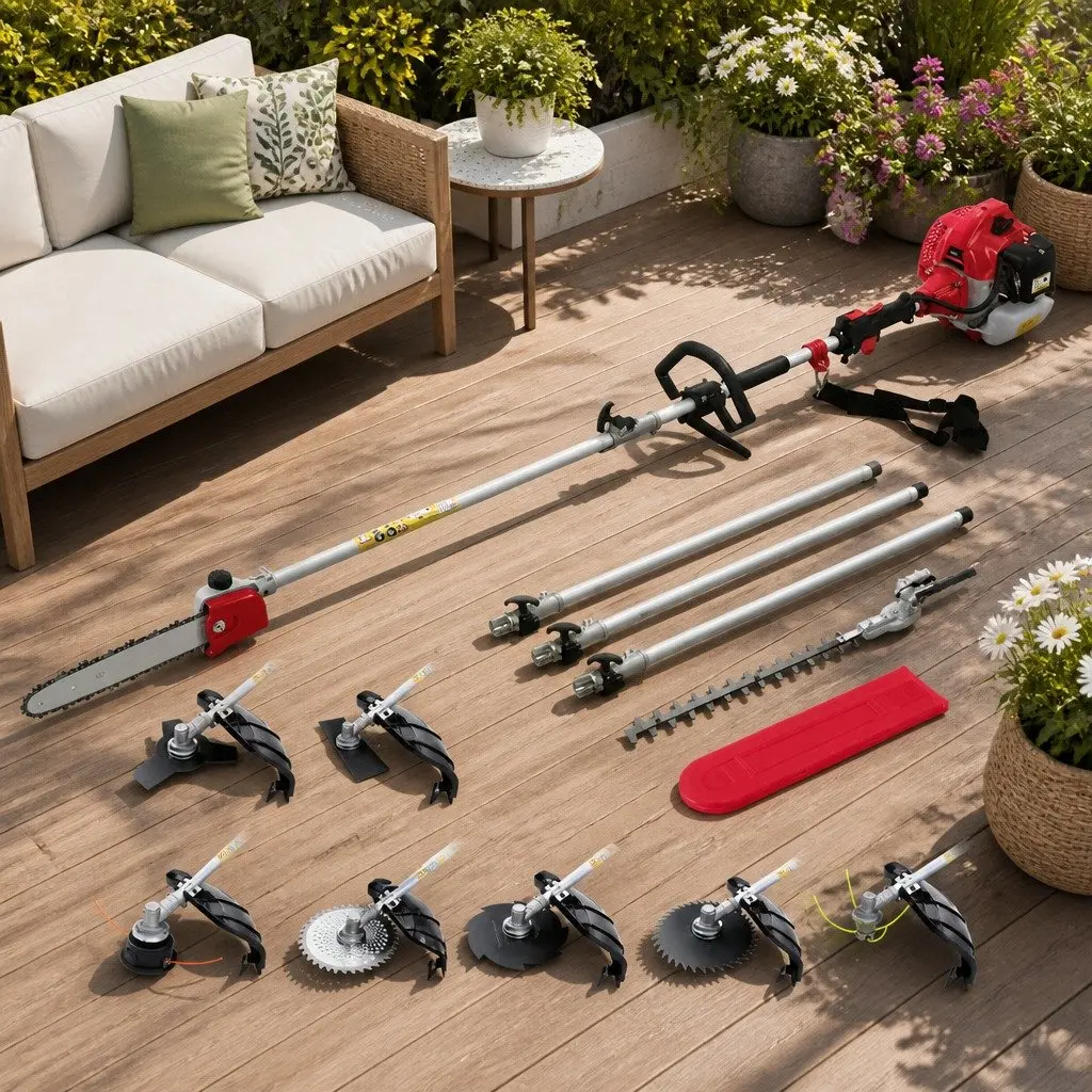 62CC Pole Chainsaw Red 9-in-1 Multi-Tool with Hedge Trimmer Brush Cutter Whipper Snipper and 5.6m Reach
