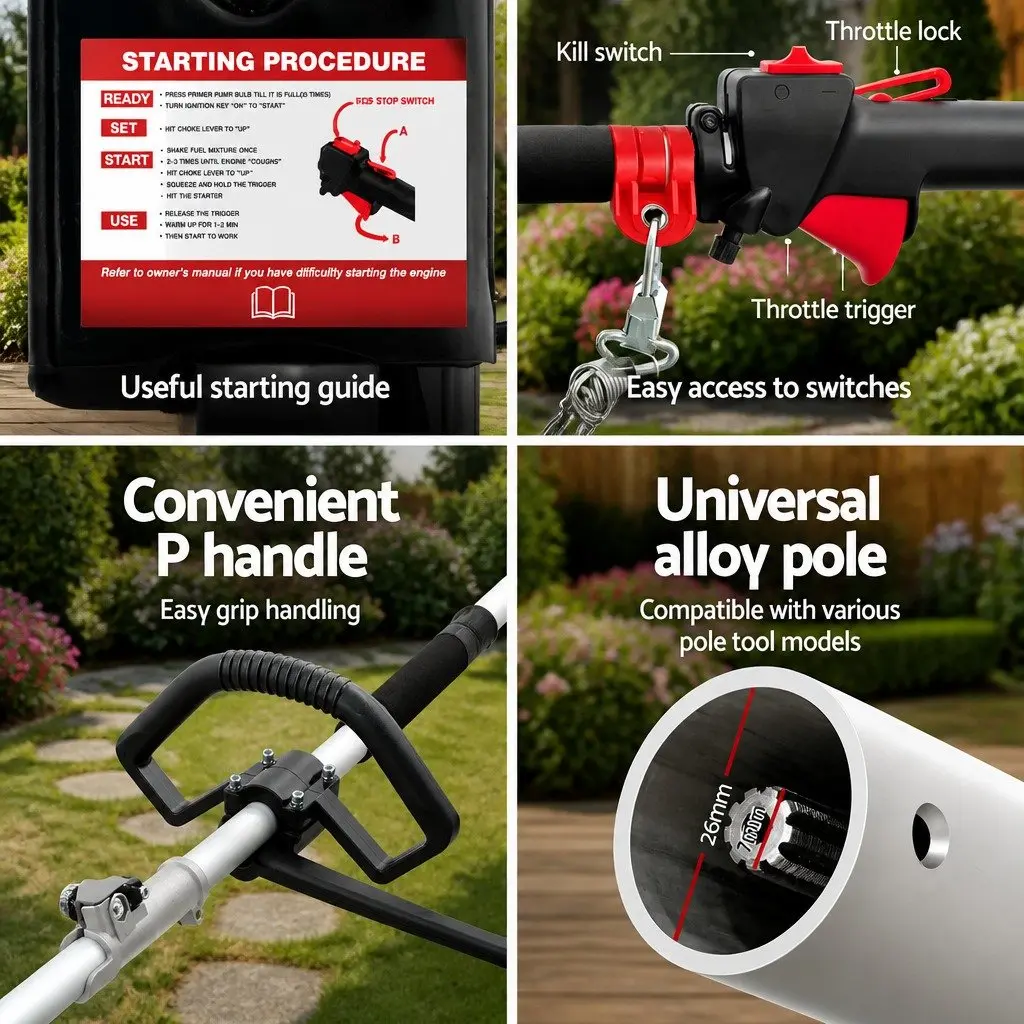 62CC Pole Chainsaw Red 5.6m 7-in-1 Multi-Tool with Hedge Trimmer Brush Cutter Whipper Snipper