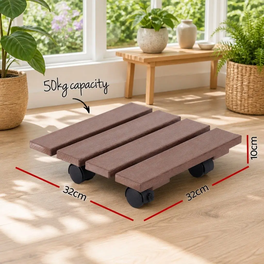 Plant Caddy Rolling Cart Brown 32x32x10cm Lockable Wheels Pot Mover