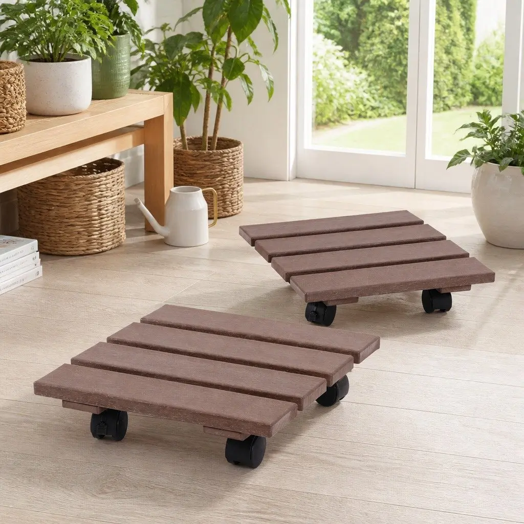 Plant Caddy Rolling Cart Brown 32x32x10cm Lockable Wheels Pot Mover