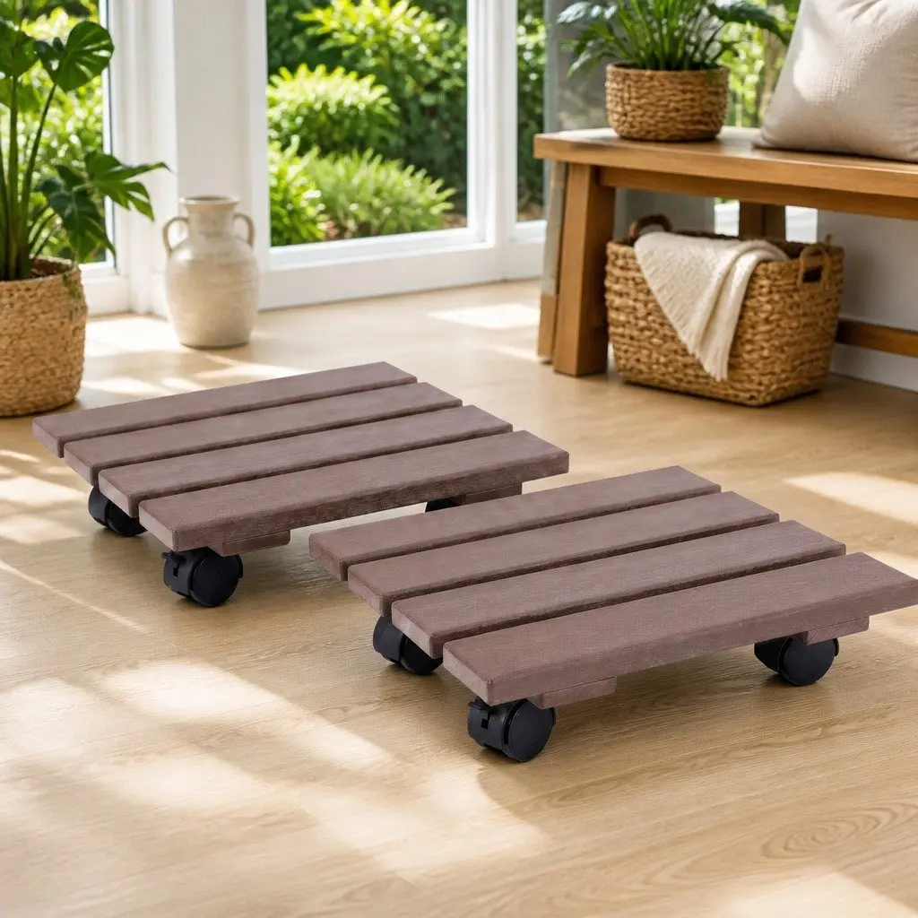 Plant Caddy Rolling Cart Brown 32x32x10cm Lockable Wheels Pot Mover