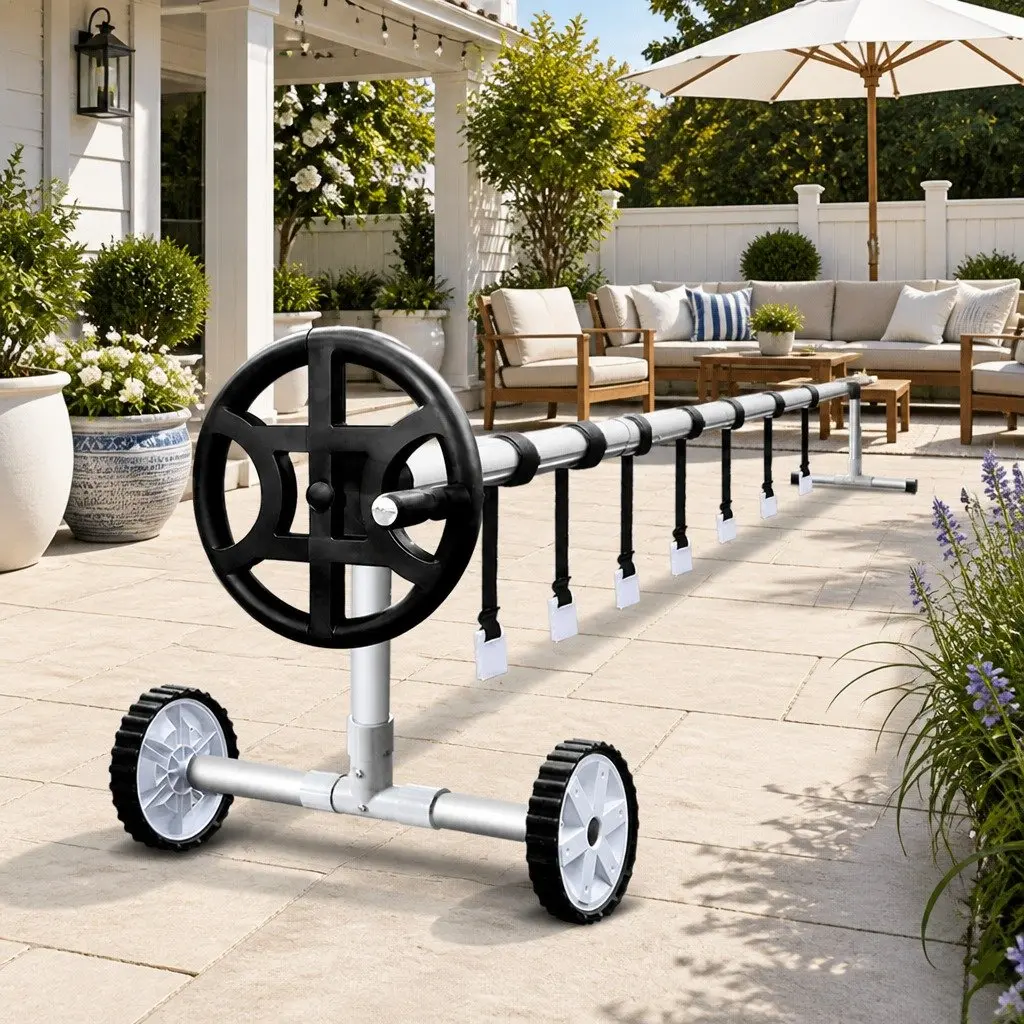 Pool Cover Roller Silver Adjustable 4m Aluminium Construction Non-Slip Spinning Wheel