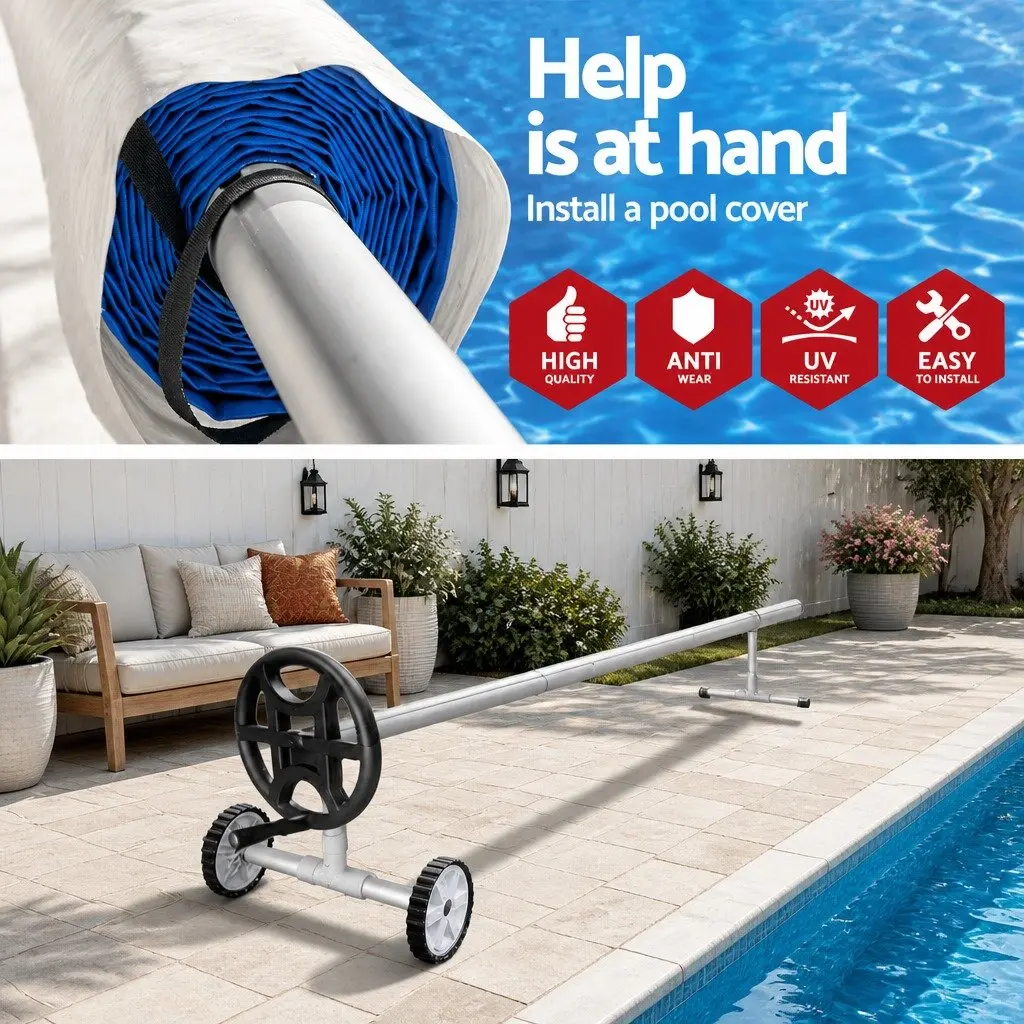 Pool Cover Roller Silver Adjustable 4m Aluminium Construction Non-Slip Spinning Wheel