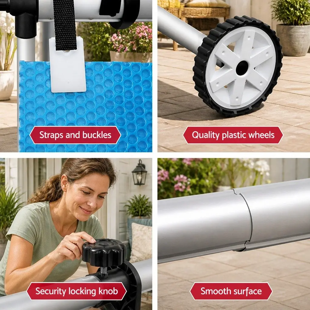 Pool Cover Roller Silver Adjustable 4m Aluminium Construction Non-Slip Spinning Wheel