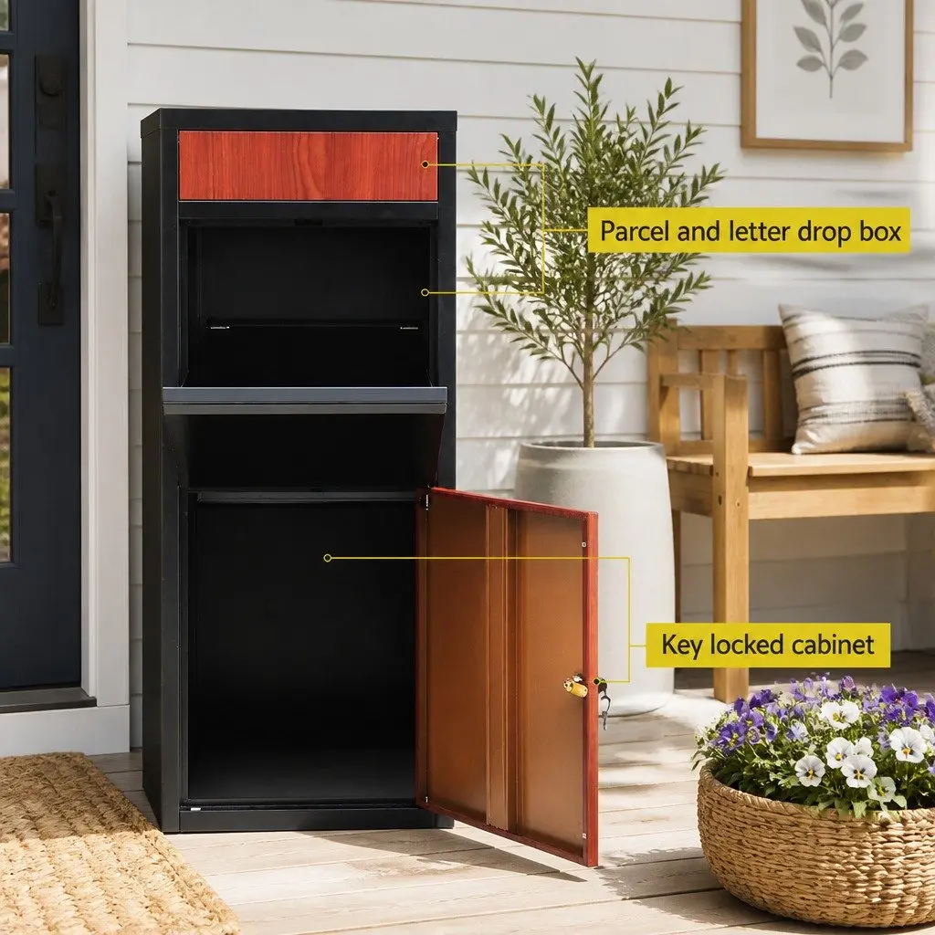 Parcel Drop Box Letterbox Package Storage Cabinet Freestanding Black Steel