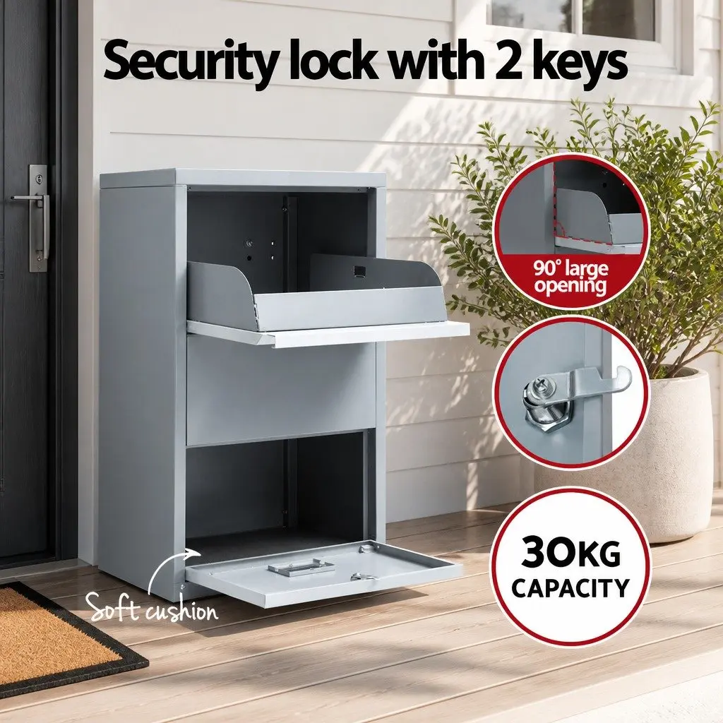 Parcel Drop Box Steel Grey 47cm Secure Package Storage Cabinet
