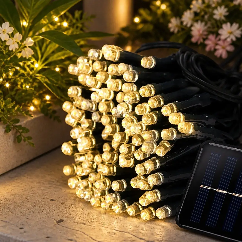 Solar LED String Lights Warm White 15m Waterproof Automatic Dusk to Dawn