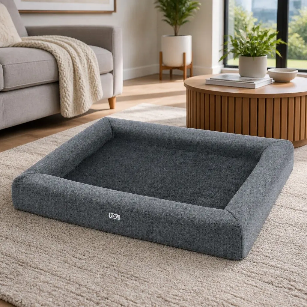 Dog Bed Grey Large Calming Soft Sofa Cushion Egg Crate Foam Washable Non-Slip Base