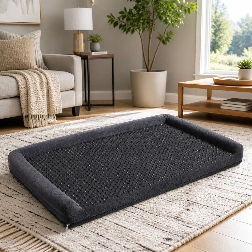 Dog Bed Grey Large Calming Soft Sofa Cushion Egg Crate Foam Washable Non-Slip Base