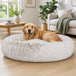 Pet Bed Dog Cat 110cm Extra Large Soft Plush Calming Washable White Brown