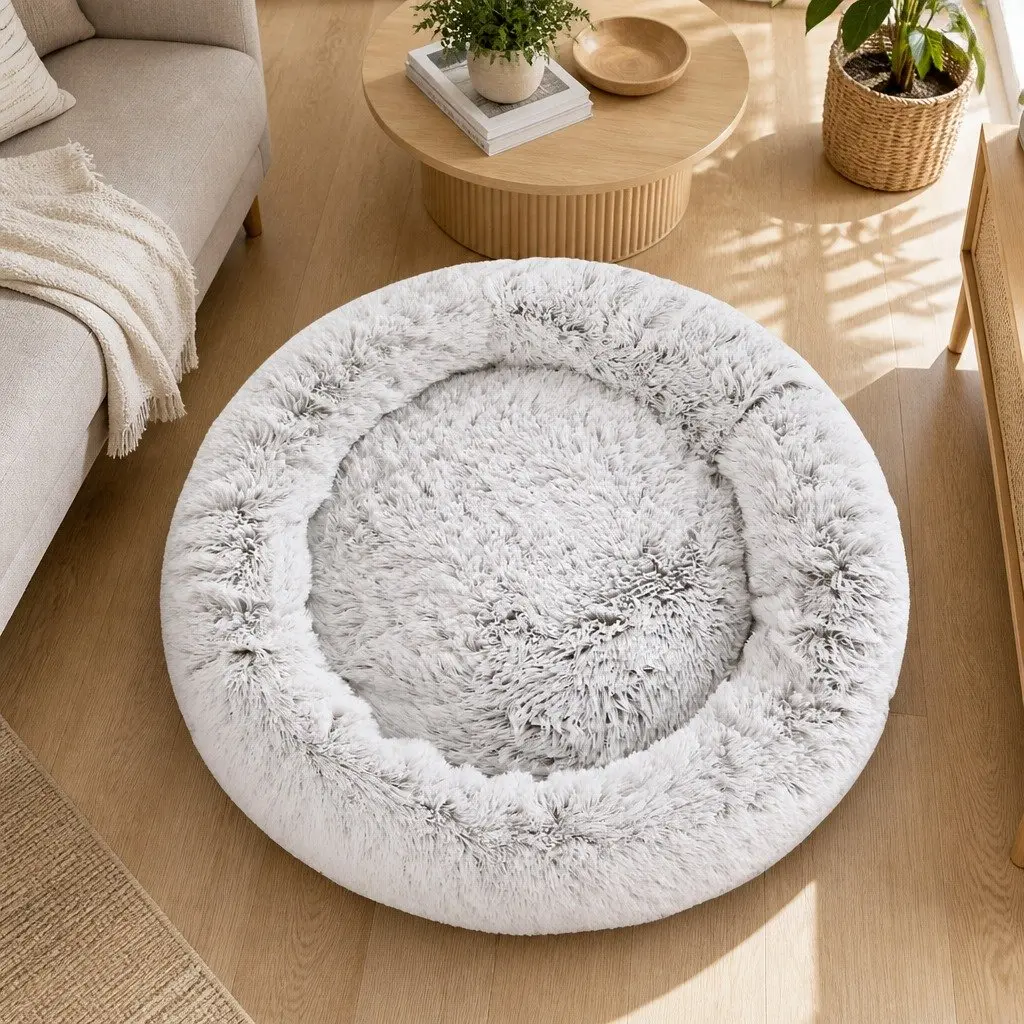 Pet Bed White Brown Extra Large Soft Plush Calming Washable