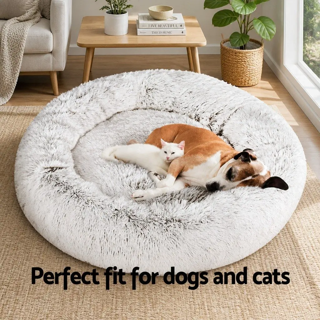 Pet Bed White Brown Extra Large Soft Plush Calming Washable