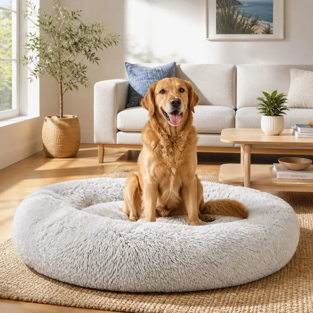 Pet Bed White Brown Extra Large Soft Plush Calming Washable