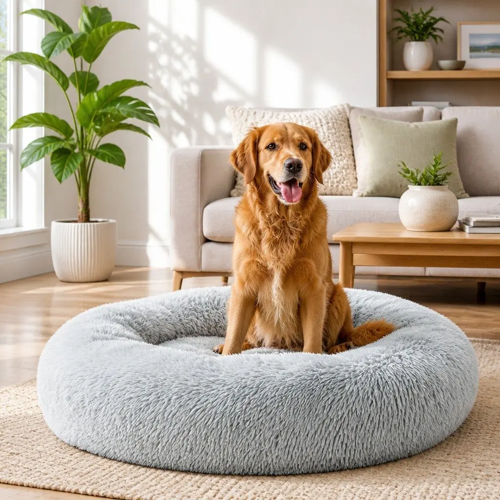 Large Dog Cat Pet Bed Light Grey 90cm Soft Plush Washable Non-Slip