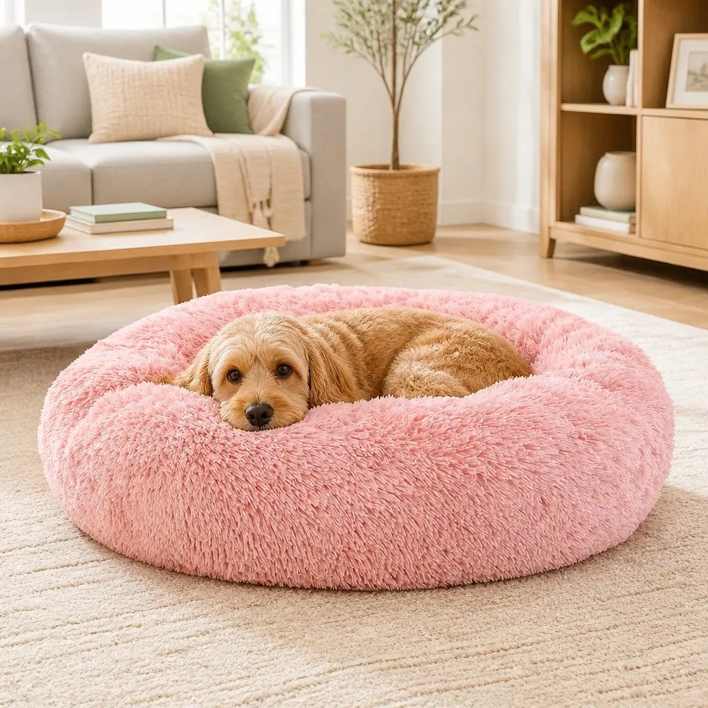 Large Pet Bed Pink 90cm Calming Soft Plush Non-Slip Base Washable Cover