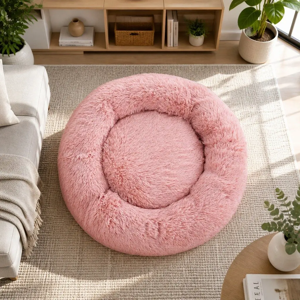 Large Pet Bed Pink 90cm Calming Soft Plush Non-Slip Base Washable Cover