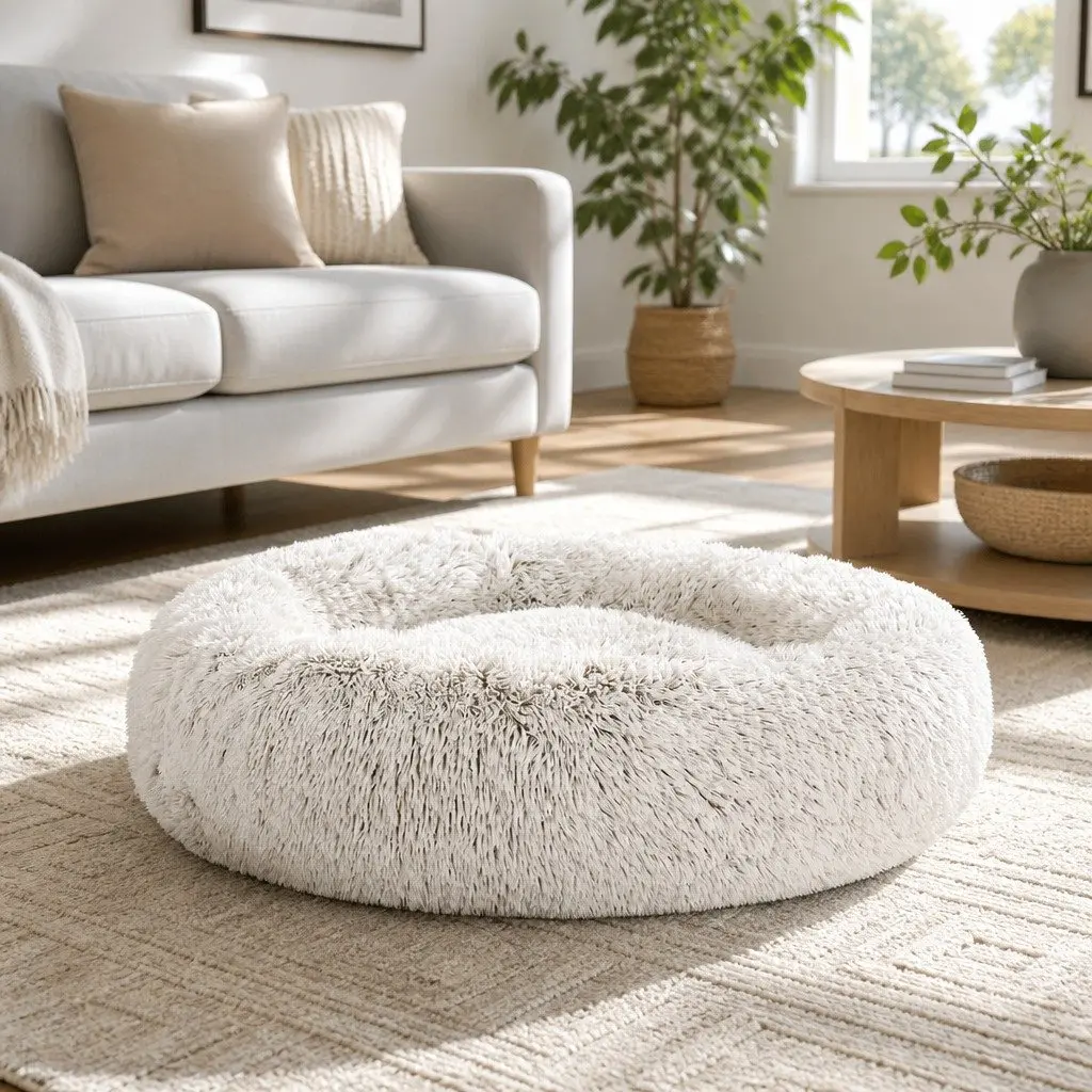 Large Pet Bed White Brown 90cm Soft Plush Washable Non-slip