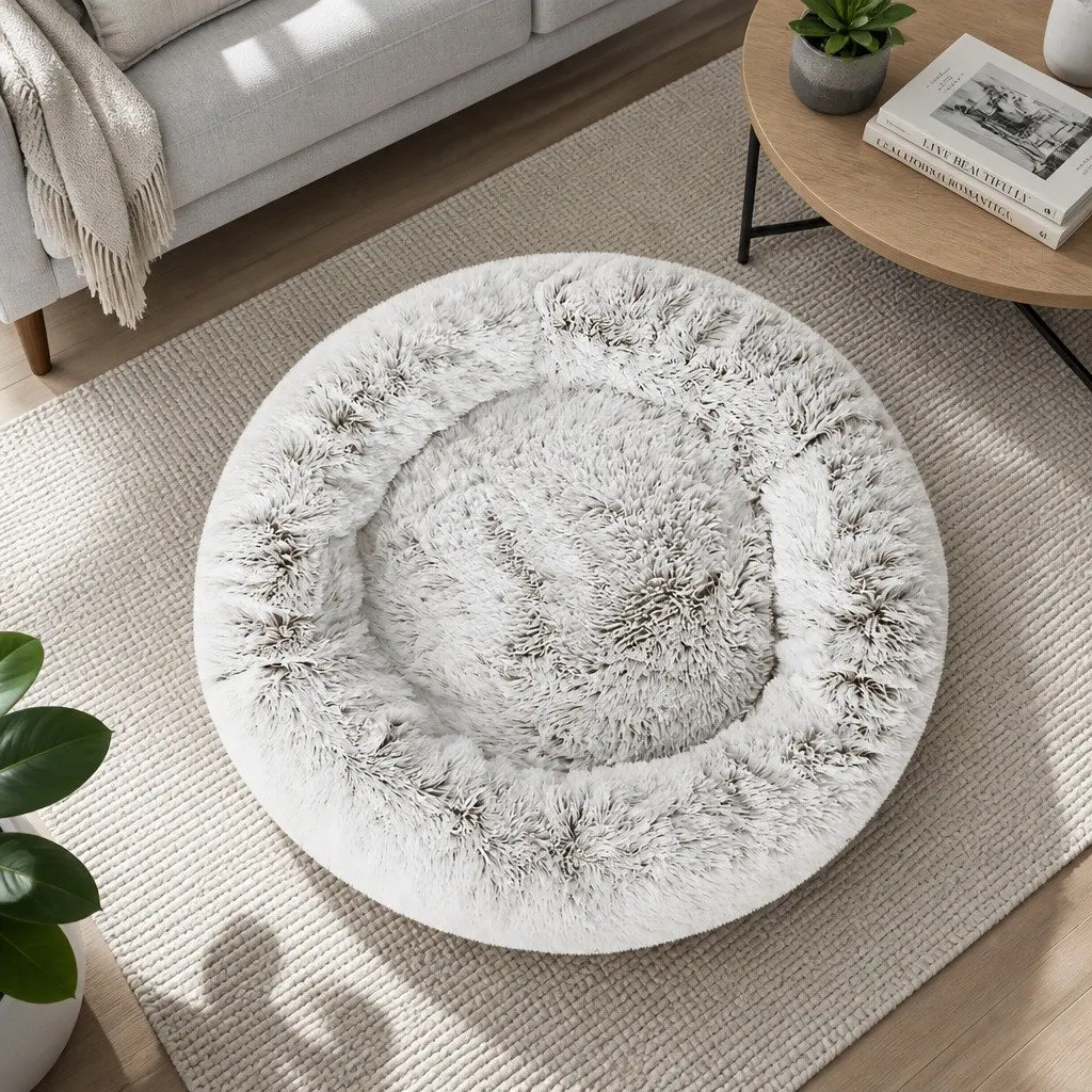 Large Pet Bed White Brown 90cm Soft Plush Washable Non-slip