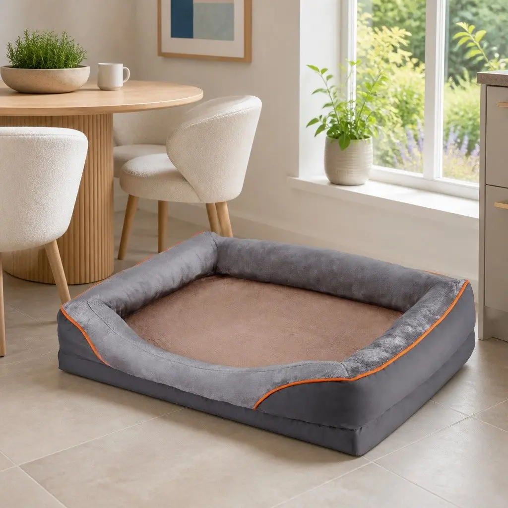 Orthopedic Pet Bed Grey 120cm x 90cm High-Density Foam Soft Plush Fleece Washable Non-Slip Base