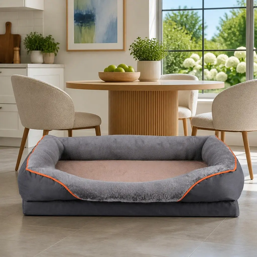 Orthopedic Pet Bed Grey 120cm x 90cm High-Density Foam Soft Plush Fleece Washable Non-Slip Base