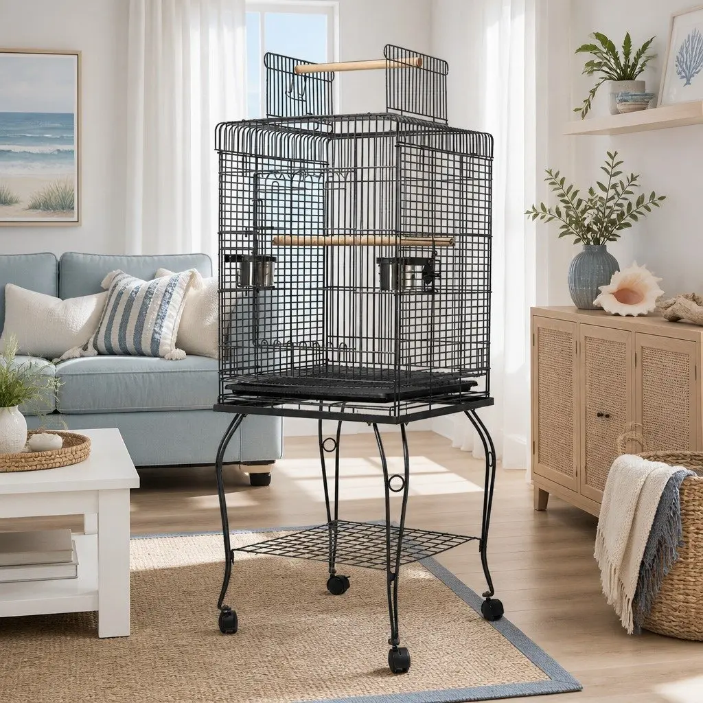 Large Bird Cage 145cm Black Aviary Stand Wrought Iron Parrot Enclosure with
