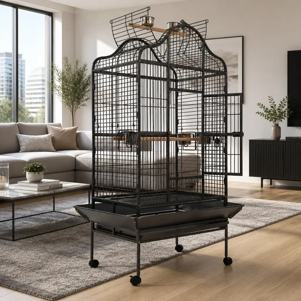 Large Bird Cage Black 168cm Open Top Heavy-Duty Wrought Iron Frame
