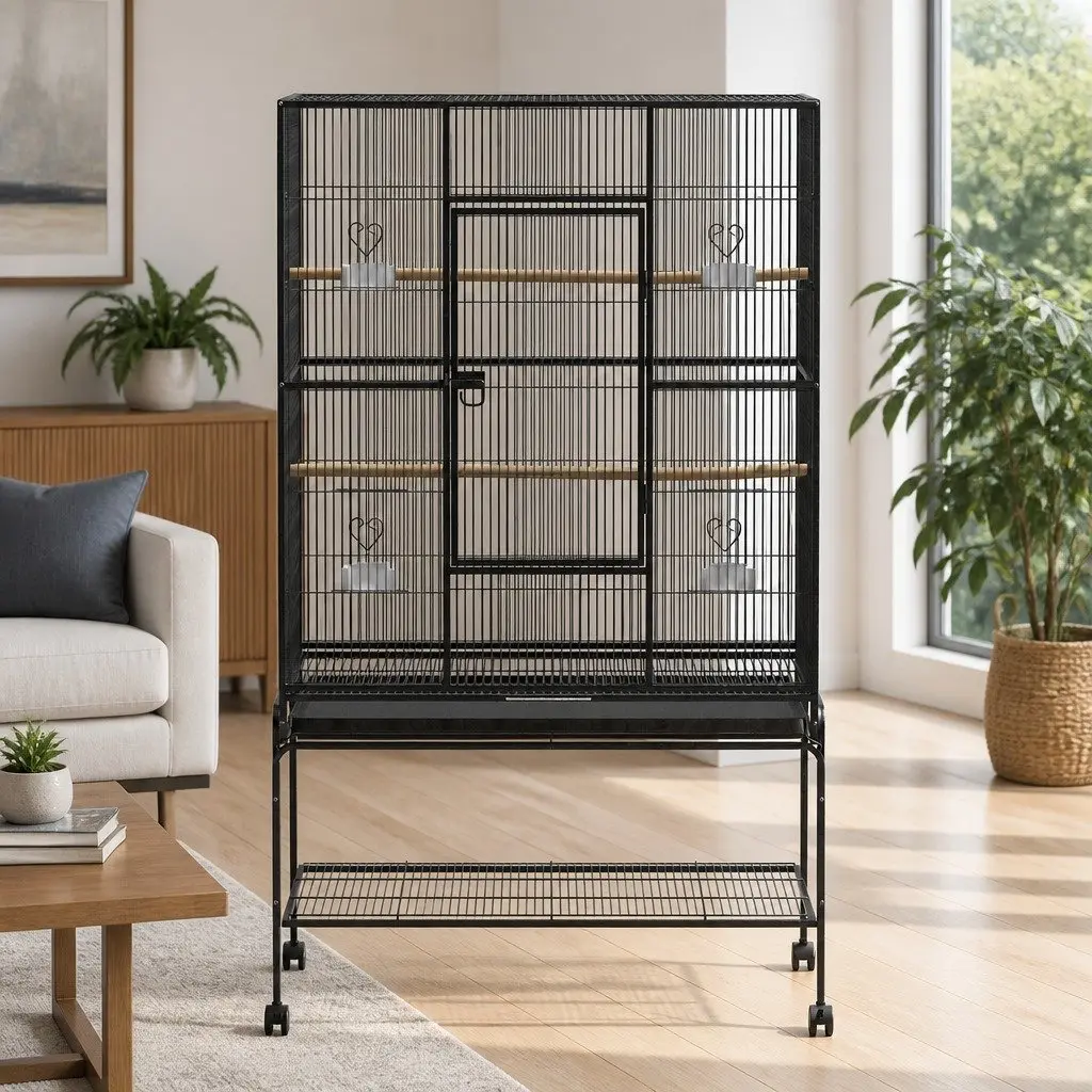 Bird Cage Black 138cm Large Powder-coated Wrought Iron Stand with Castor Wheels Easy Assembly