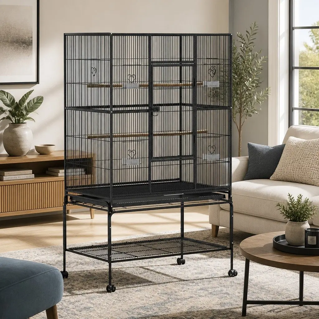 Bird Cage Black 138cm Large Powder-coated Wrought Iron Stand with Castor Wheels Easy Assembly